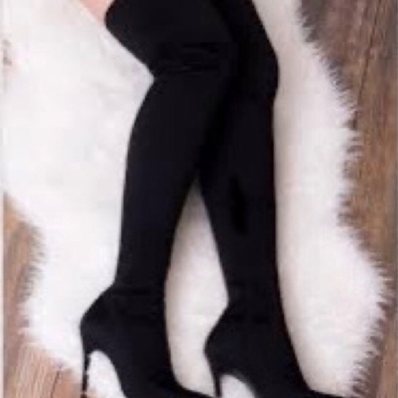 Faux Suede Over The Knee Pointy Toe  Boots Black - Picture 3 of 4
